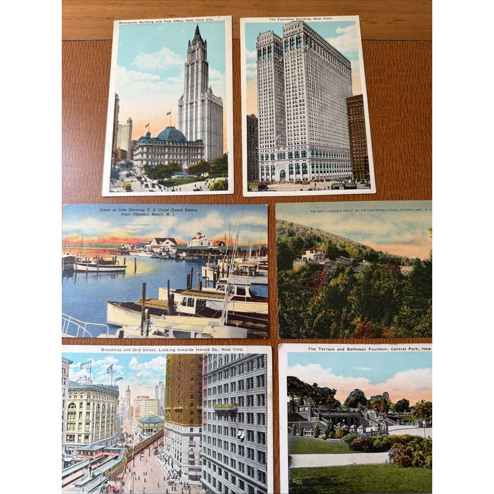 6 Vintage New York Post Cards: Broadway, Woolworth, Equitable Building, 1 Of NJ